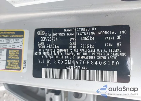 2015 Kia Optima Lx z USA, uszkodzony, nr VIN 5XXGM4A70FG406180